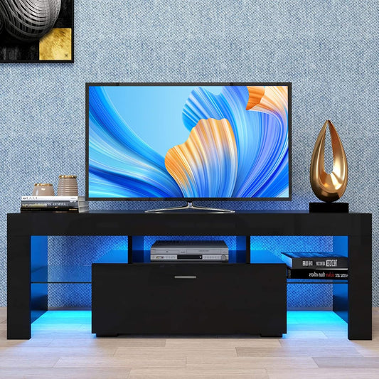 Moderno soporte de TV negro con 16 luces LED, centro de entretenimiento de alto...