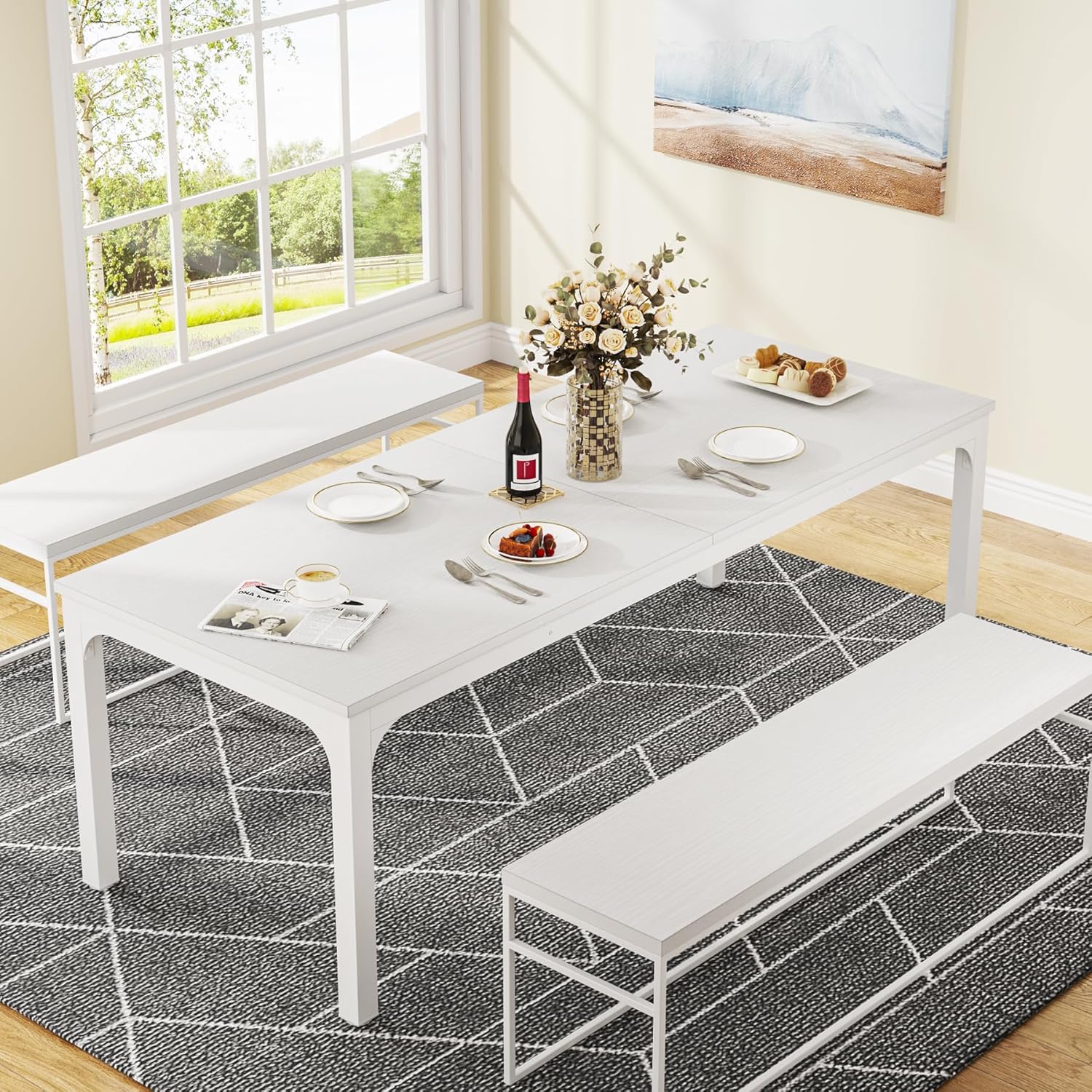 Tribesigns Mesa de comedor blanca para 6-8 personas, mesa rectangular grande de...