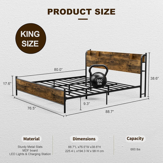 IKIFLY Base de cama tamaño King con cabecera de estante de almacenamiento y...