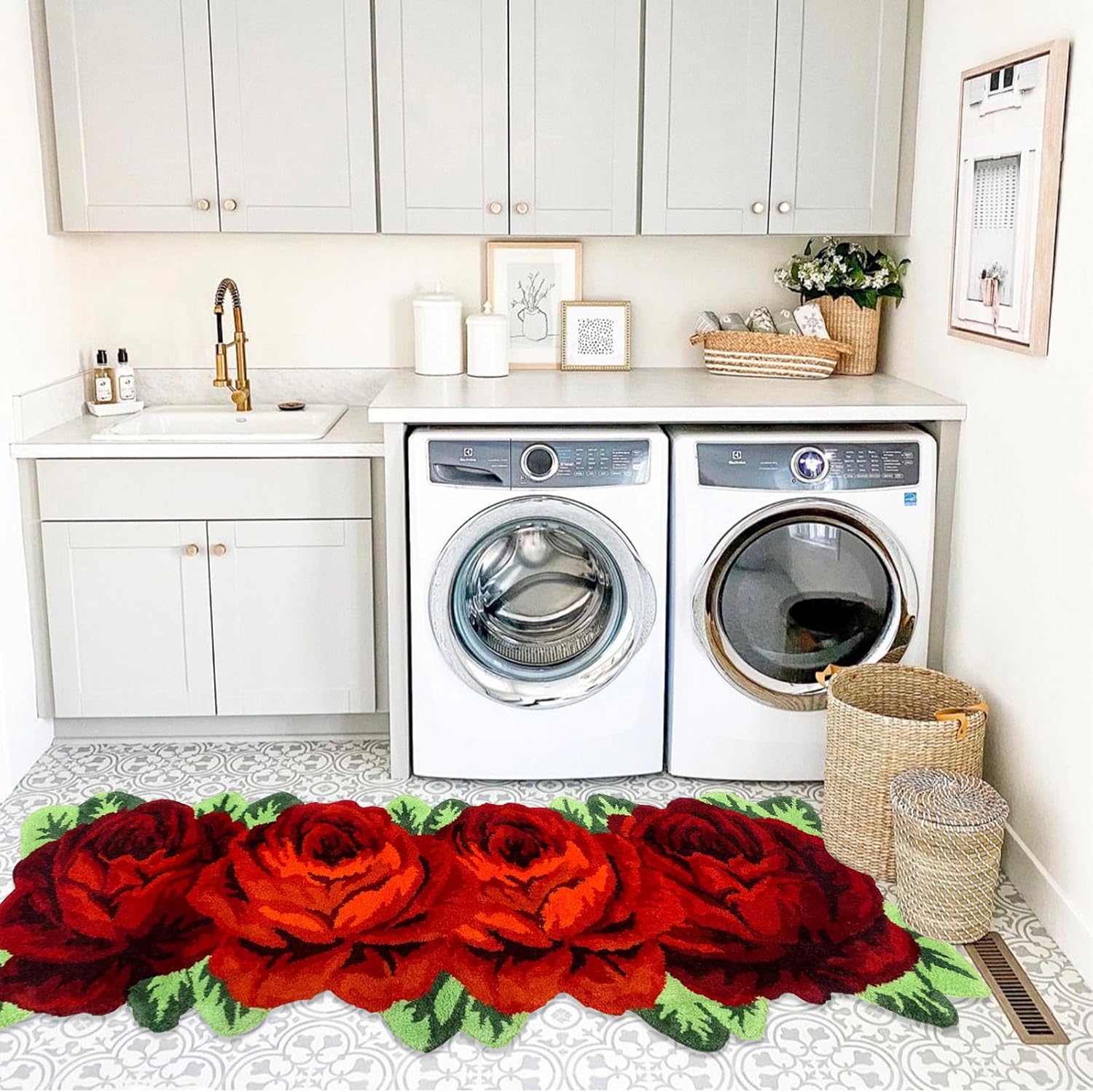 Alfombra de suelo de rosas, hecha a mano con rosas rojas, lavable,...