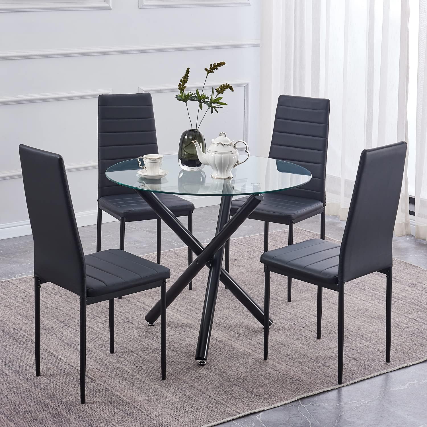 Mesa de comedor redonda de vidrio negro con parte superior de vidrio templado y...