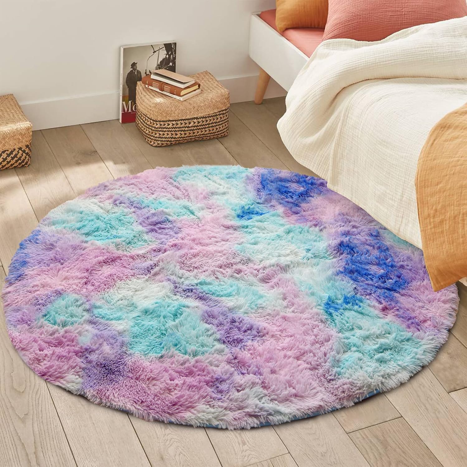 Alfombra redonda azul y morado para dormitorio, alfombra circular esponjosa de