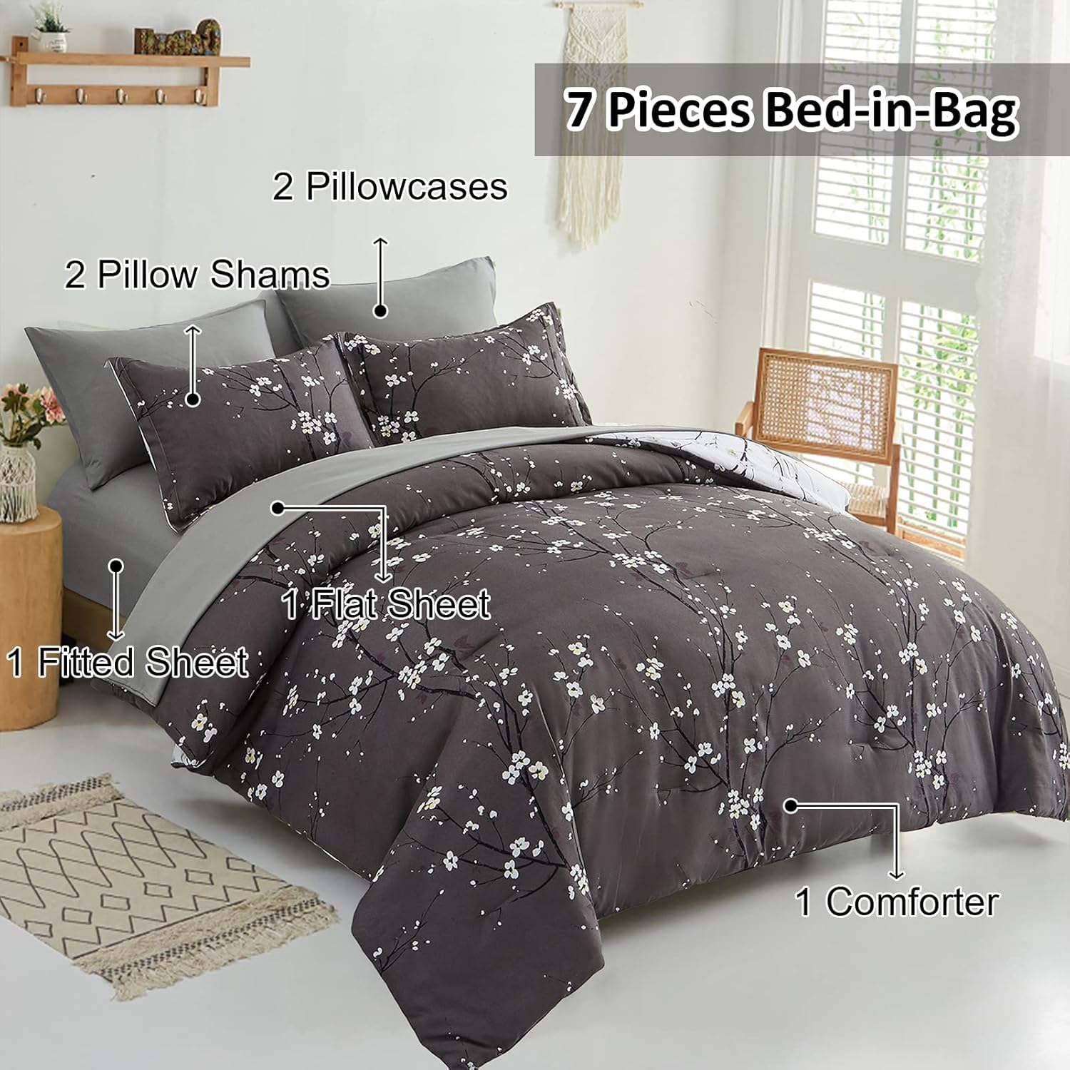 WONGS BEDDING Juego de edredón de 7 piezas tamaño matrimonial, edredón floral...