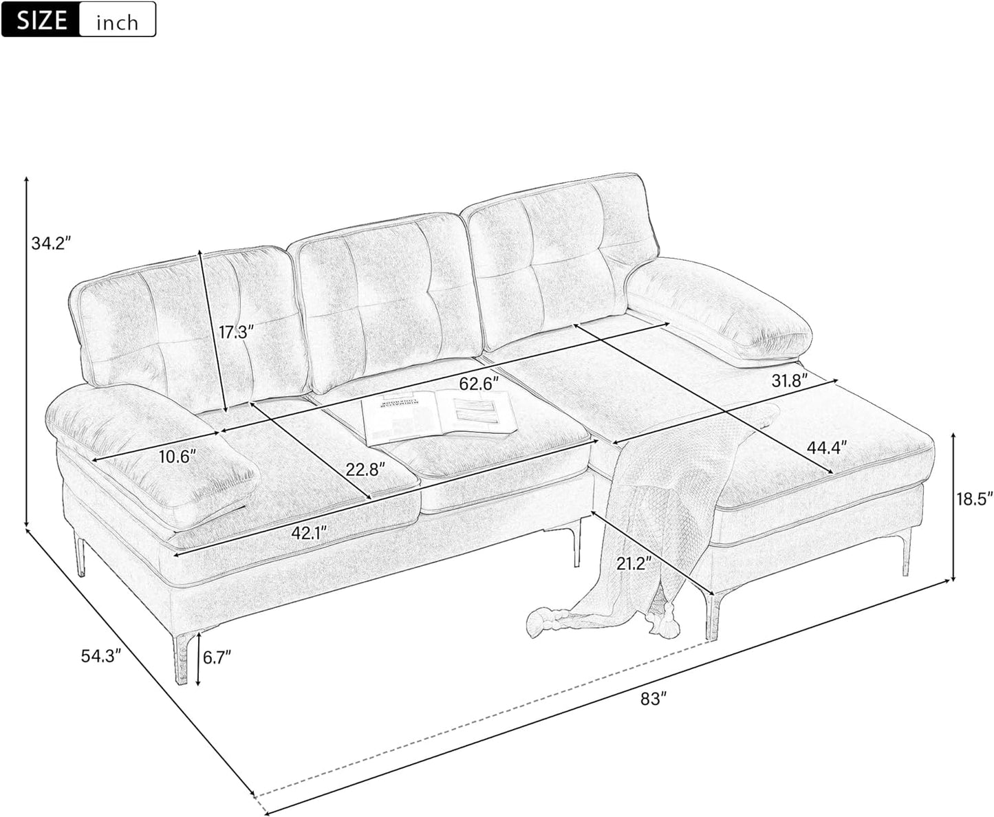 Juego de sofás modulares modernos de 83 pulgadas, sofás tapizados en forma de L