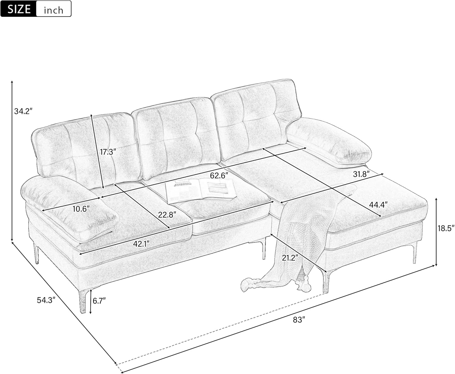 Juego de sofás modulares modernos de 83 pulgadas, sofás tapizados en forma de L...