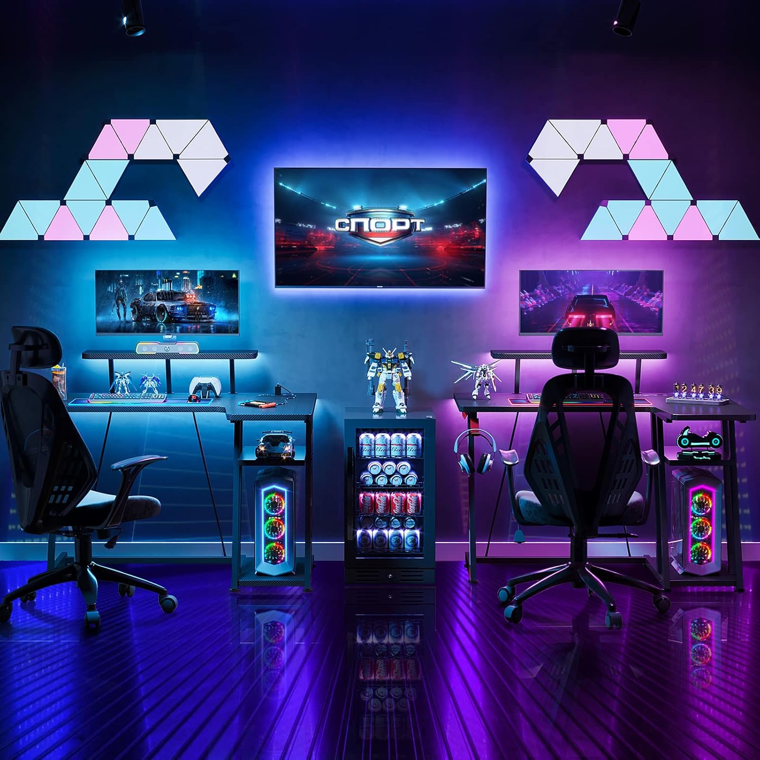MOTPK Escritorio pequeño para juegos con luces LED y tomas de corriente,...