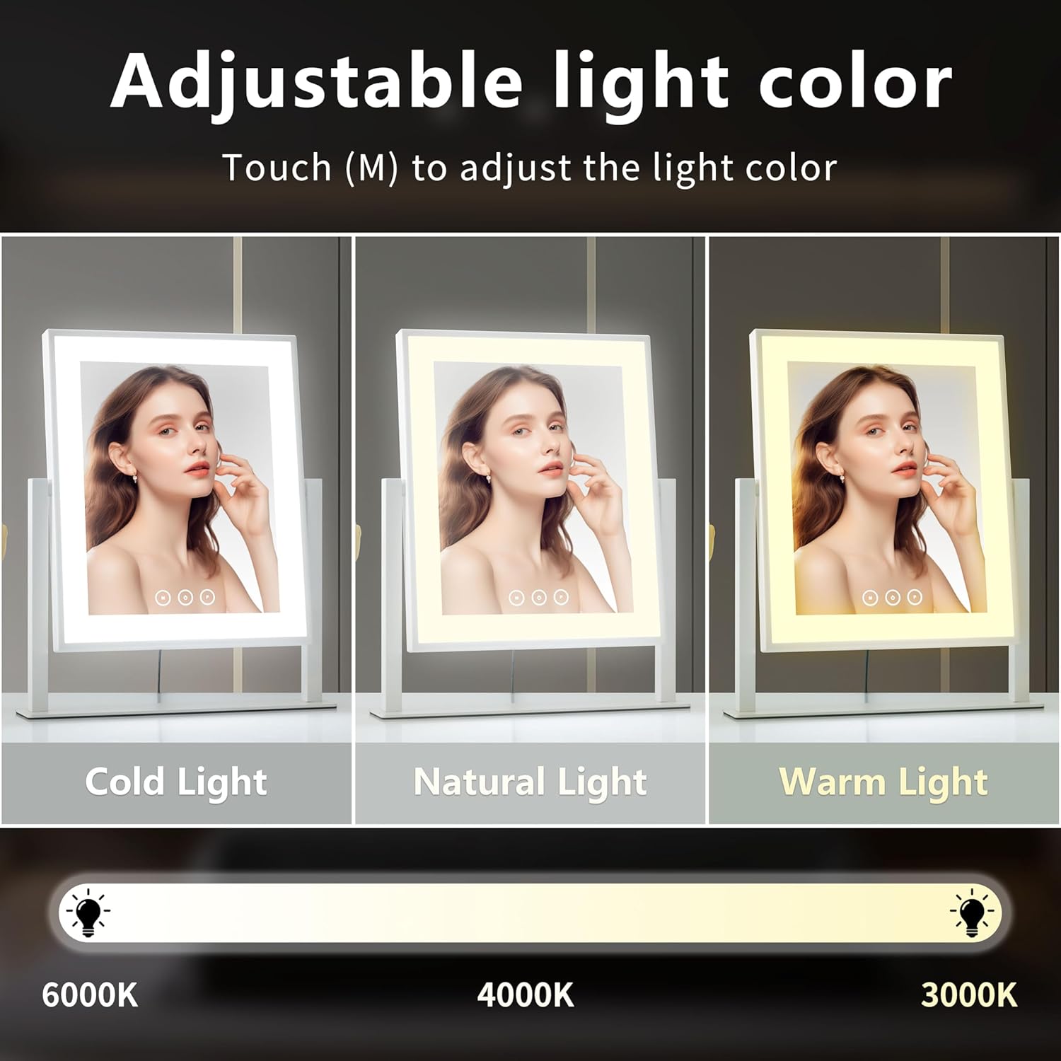 Espejo de tocador con luces, espejo de maquillaje con luces de tres modos de...