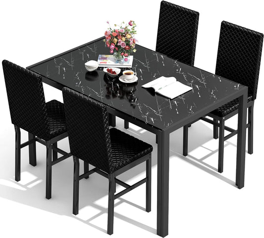 Dining Room Table Set for 4, 5-Piece Kitchen Table Chairs Set of 4, Glass