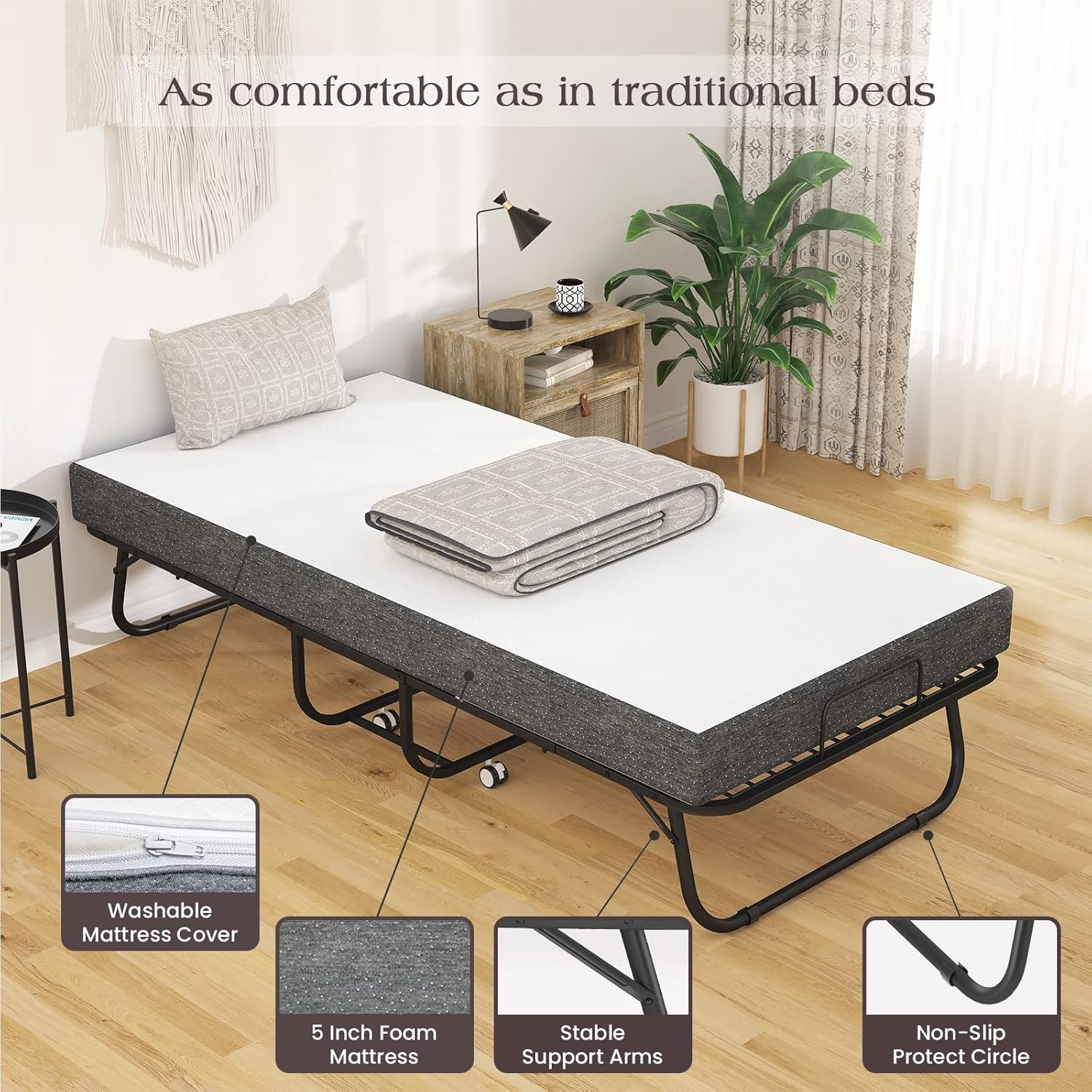 Karcog Cama plegable, cama plegable con colchón para adultos, funda de...