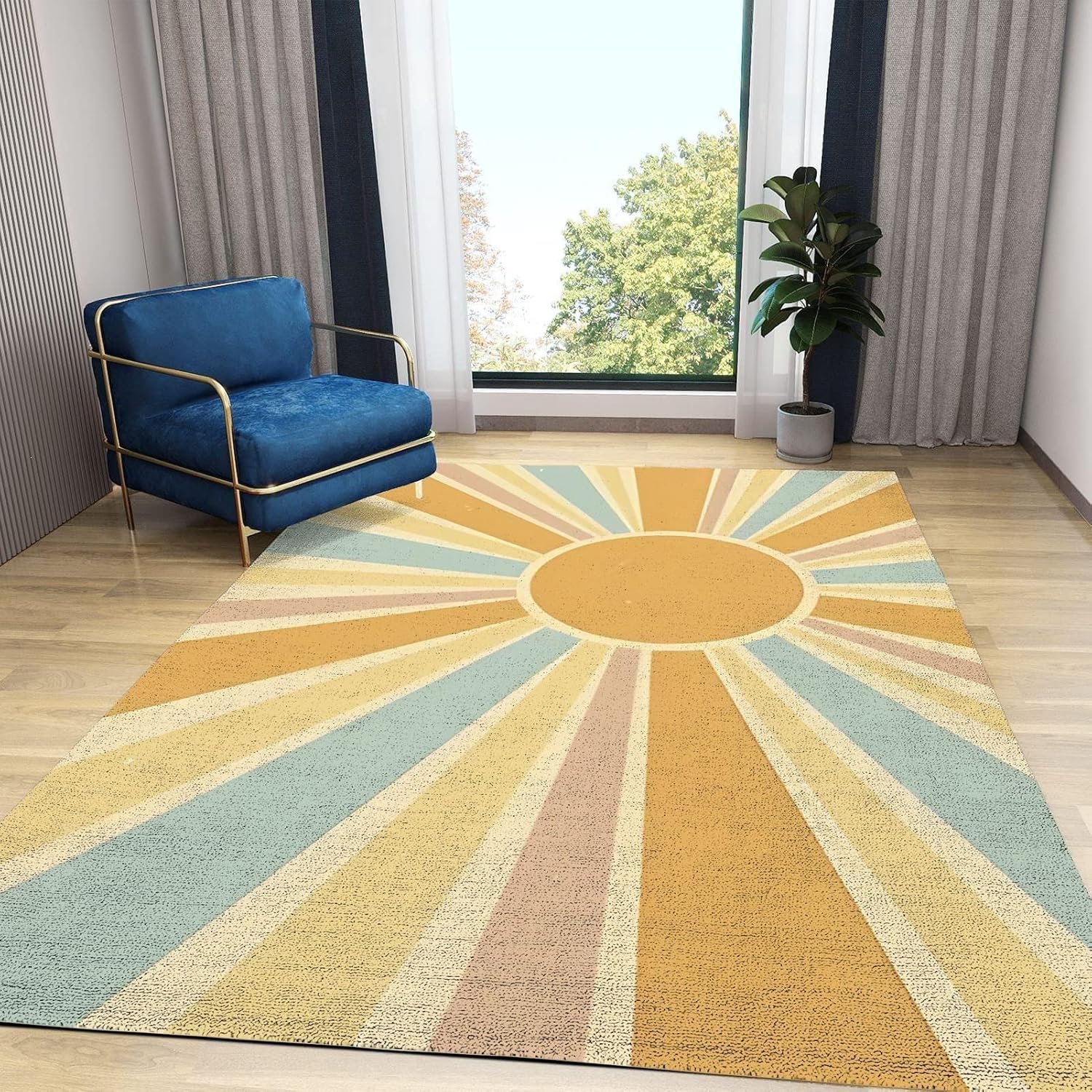 Alfombra bohemia con diseño de arco iris, geométrica retro de mediados de...