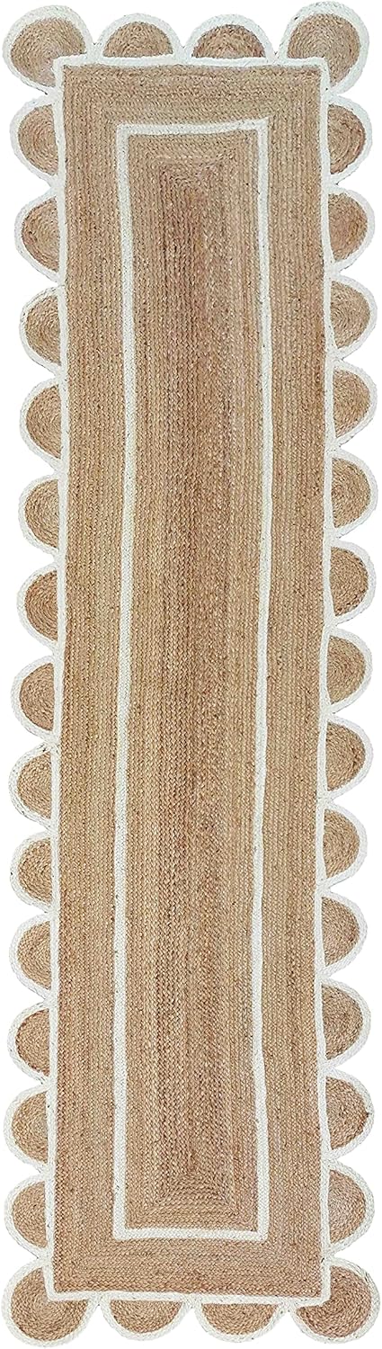 Alfombra festoneada de yute natural, base natural, borde blanco hueso, 2 pies x...