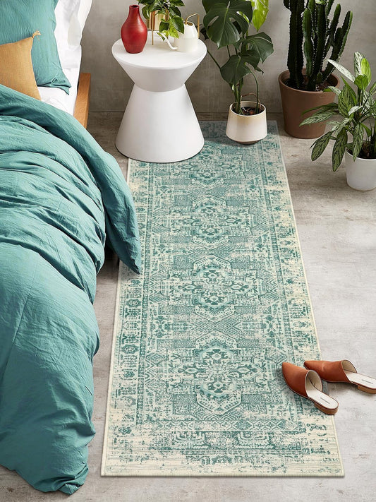 Alfombra de pasillo verde lavable a máquina de 2 x 8 pulgadas, estilo bohemio,