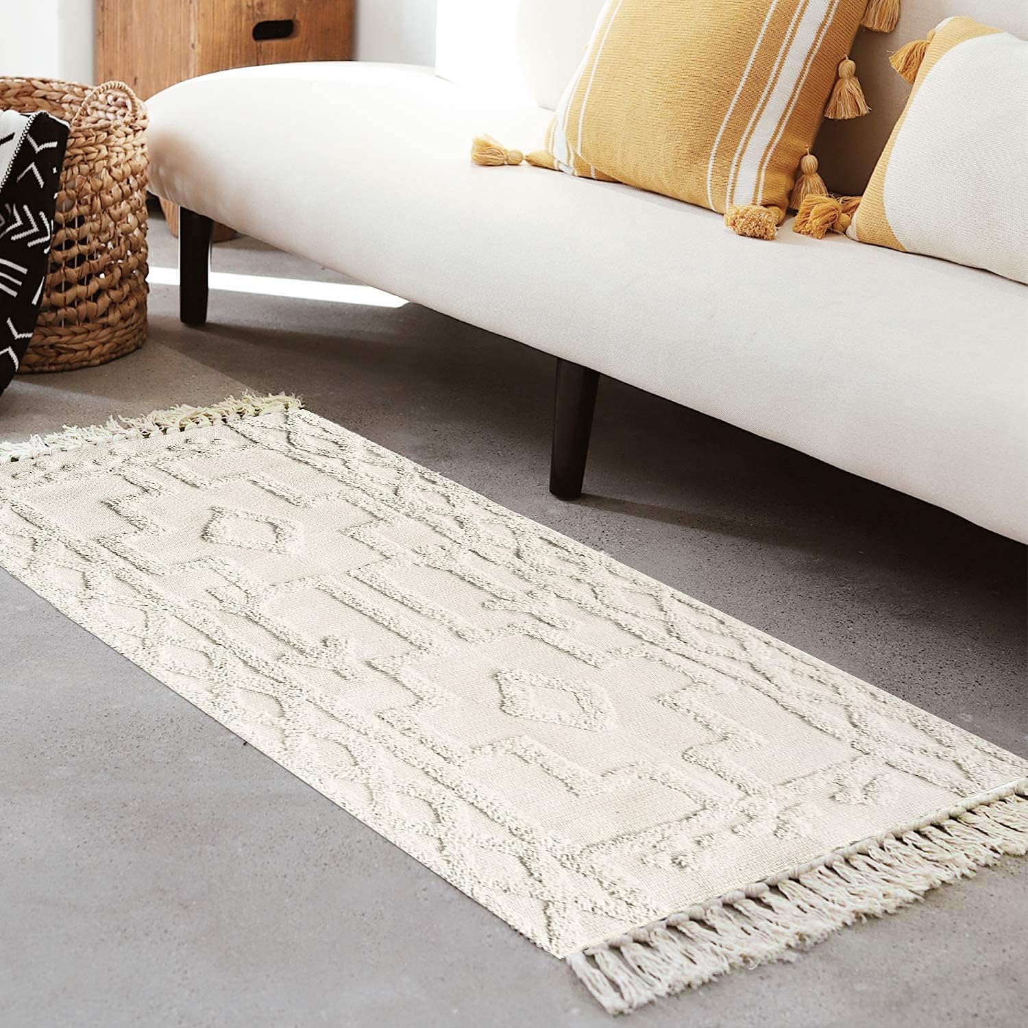 Alfombra bohemia de baño de 2 x 4.3 pies, alfombra de algodón tejida lavable