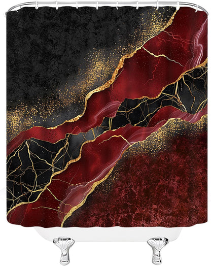 Cortina de ducha con diseño abstracto de mármol rojo burdeos, granate, dorado,