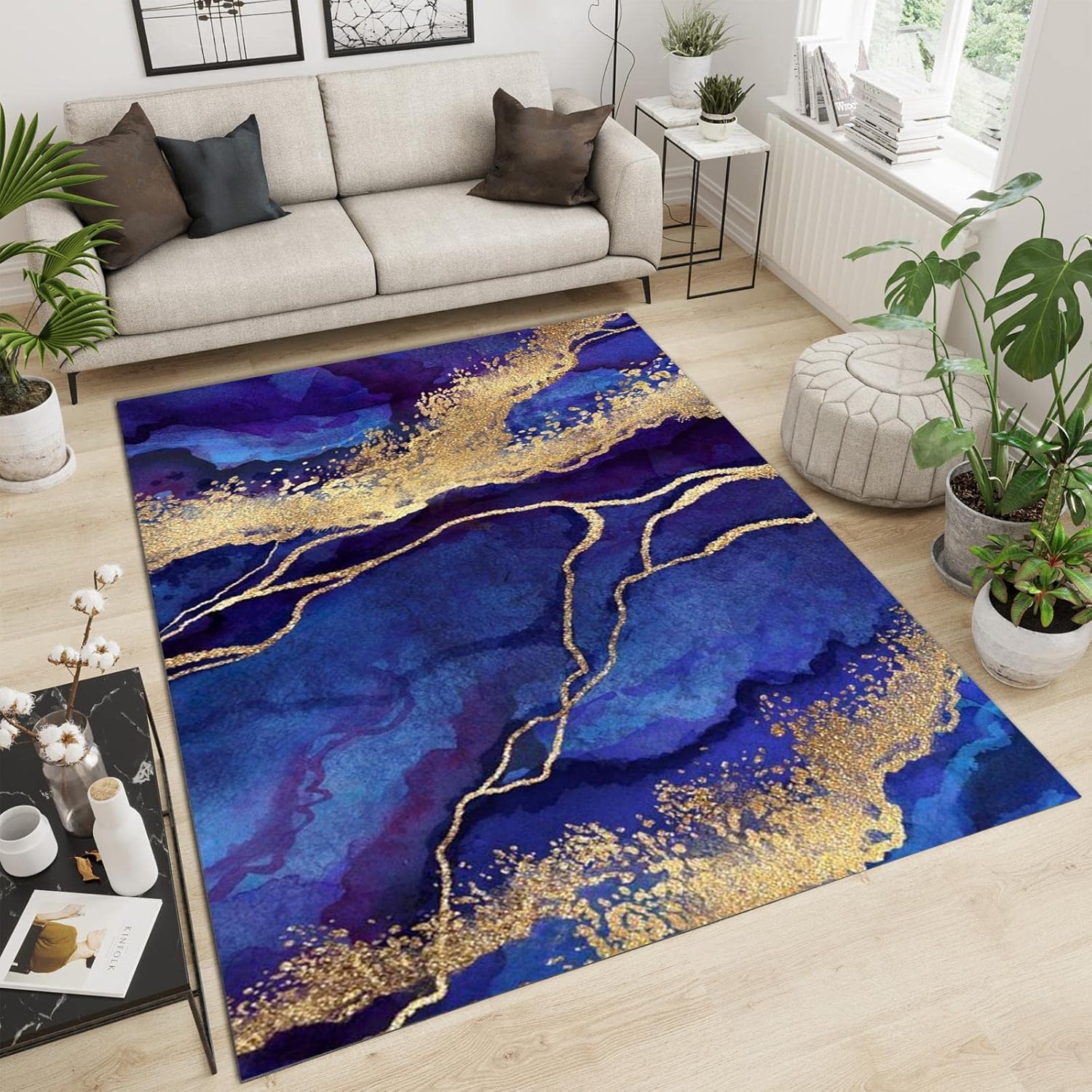 Alfombra de área con textura de mármol azul zafiro, moderna, abstracta, ligera,...