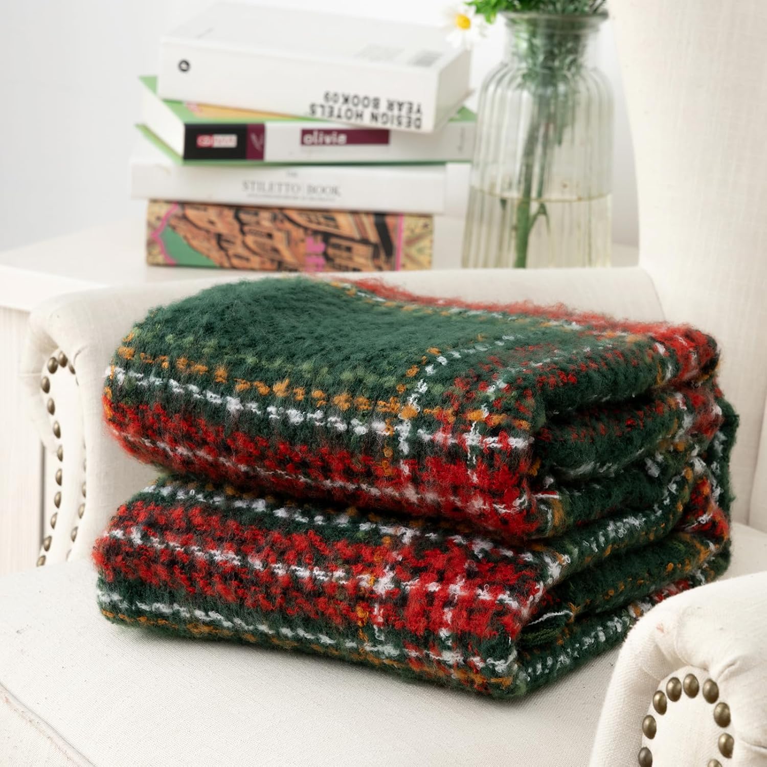 LALIFIT Manta a cuadros con flecos, color verde y rojo, para decoración del...