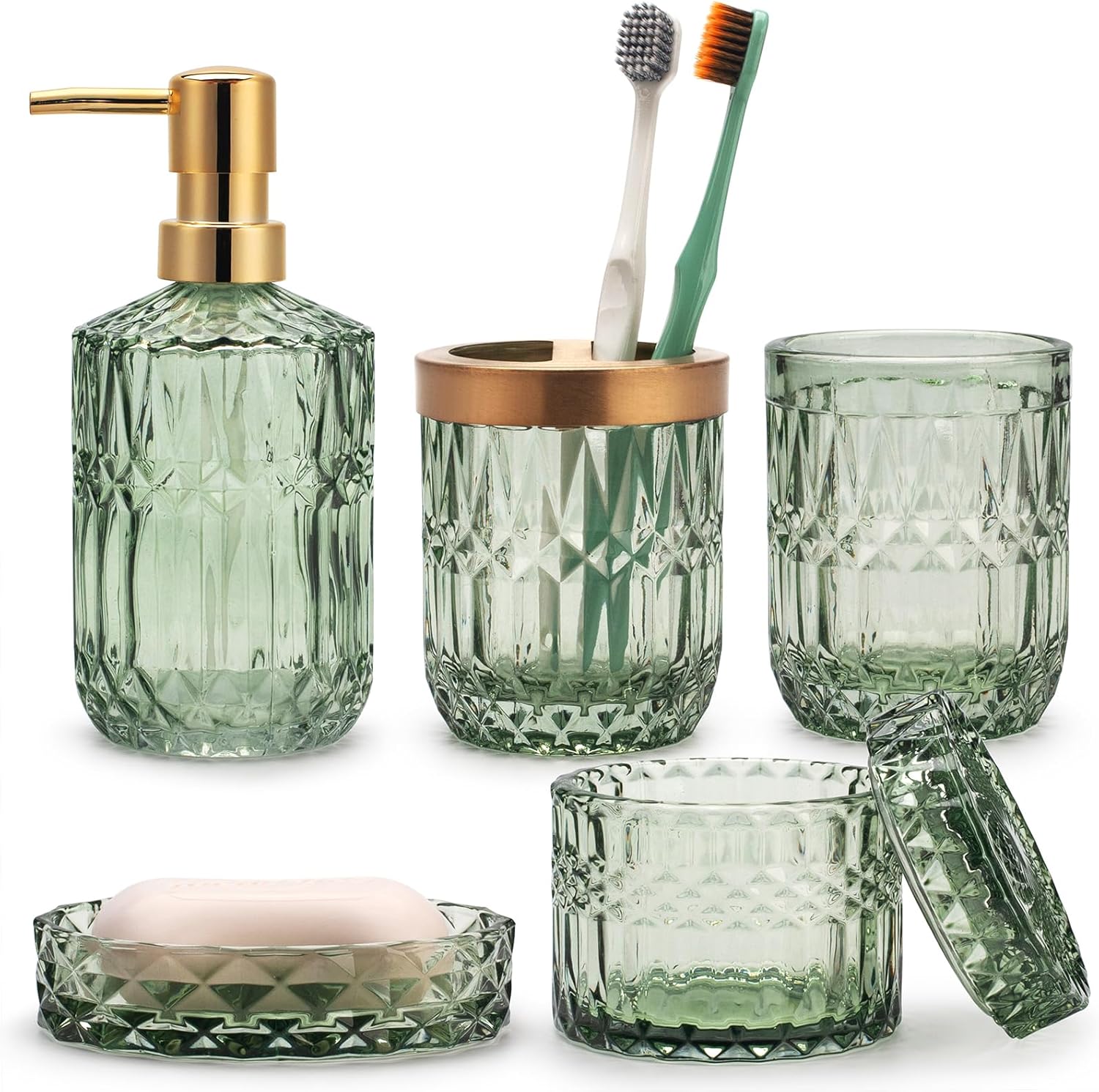 Juego de 5 accesorios de baño de vidrio verde para baño, dispensador de loción,...