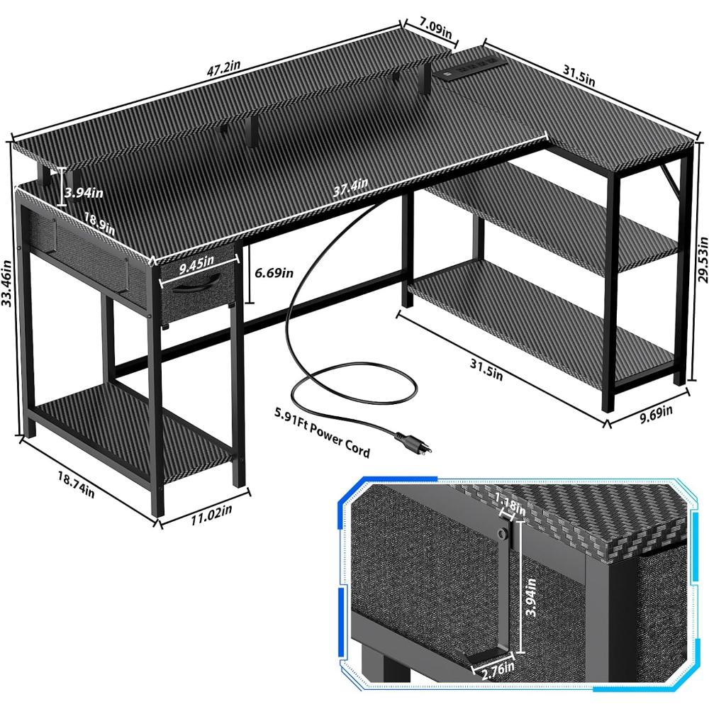 Escritorio Gamer En L Reversible, Con Puertos De Carga Usb Y Luz Led, Con Gancho Y Soporte Para Monitor