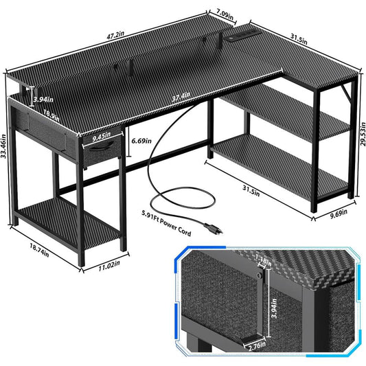 Escritorio Gamer En L Reversible, Con Puertos De Carga Usb Y Luz Led, Con Gancho Y Soporte Para Monitor