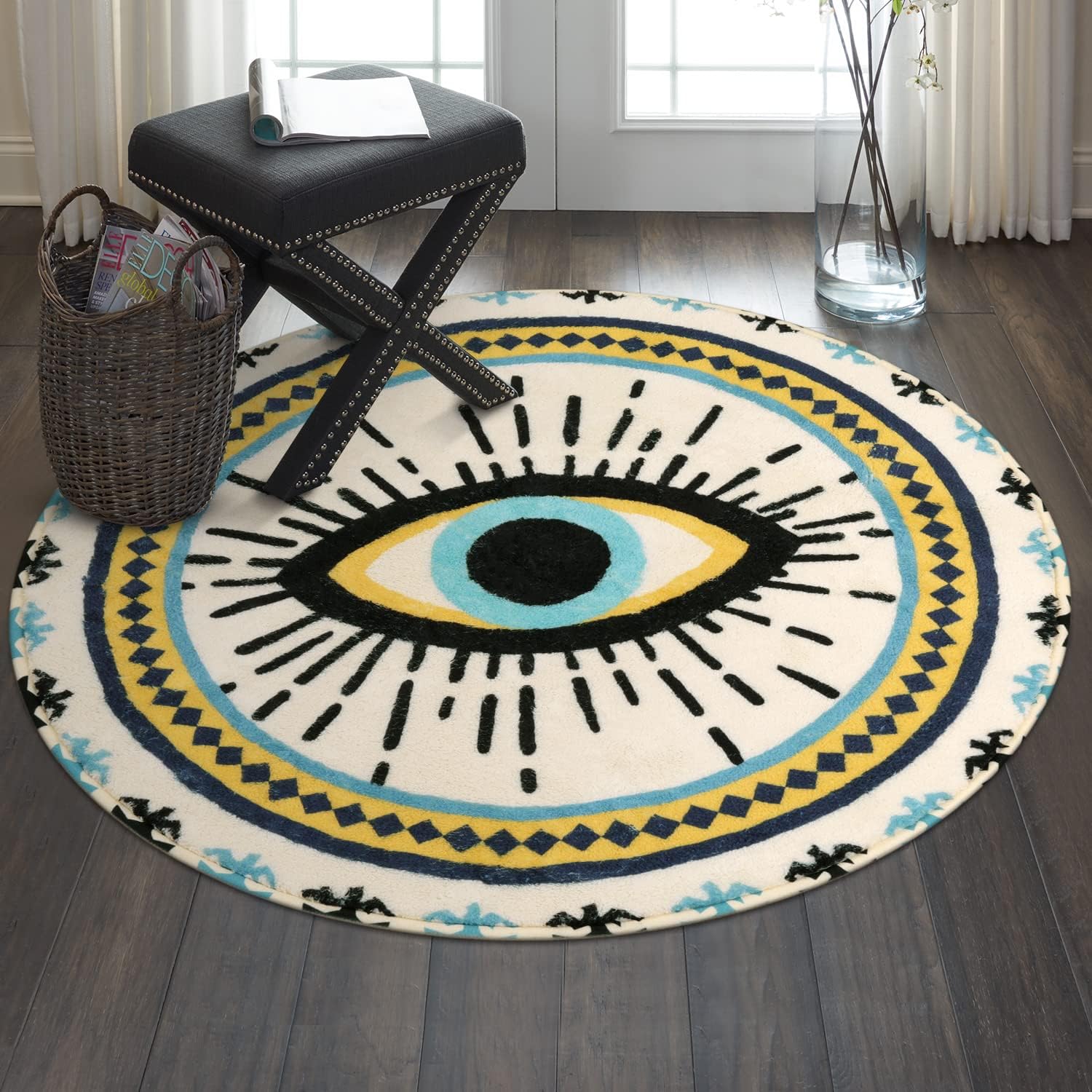 HAOCOO Alfombra redonda azul de ojo turco de 3 pies, terciopelo súper suave,...