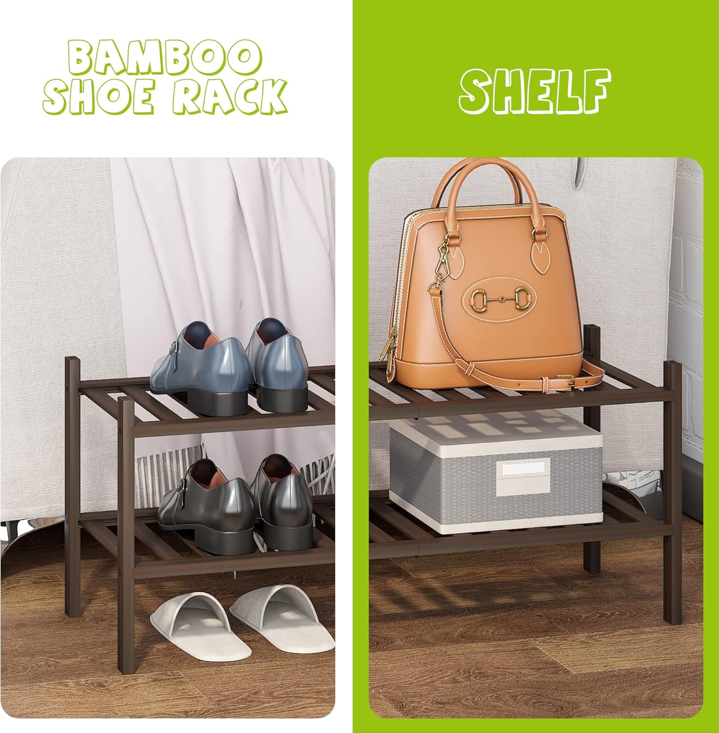 BMOSU Zapatero de bambú de 2 niveles apilable de alta calidad, organizador de
