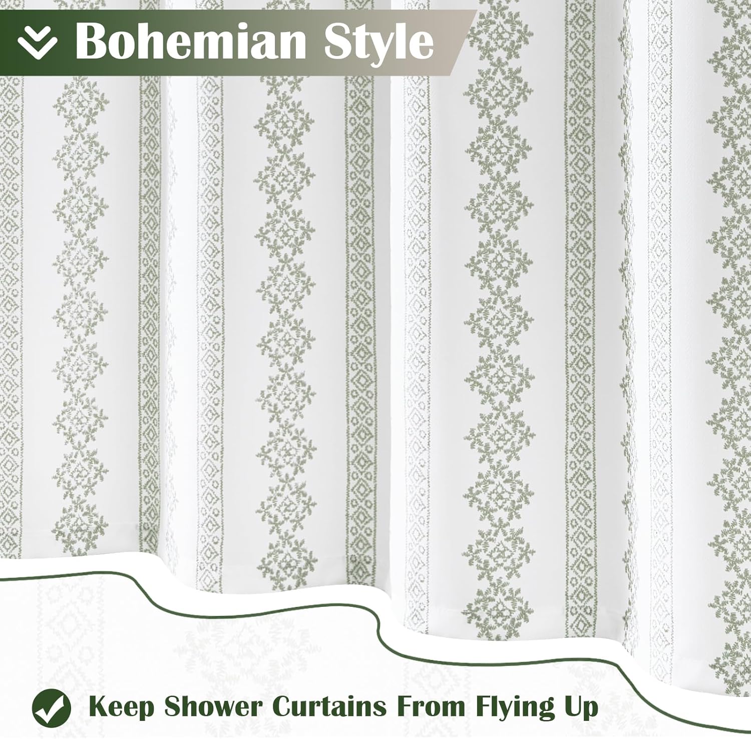 jinchan Cortina de ducha bohemia de tela geométrica vertical a rayas verdes y...