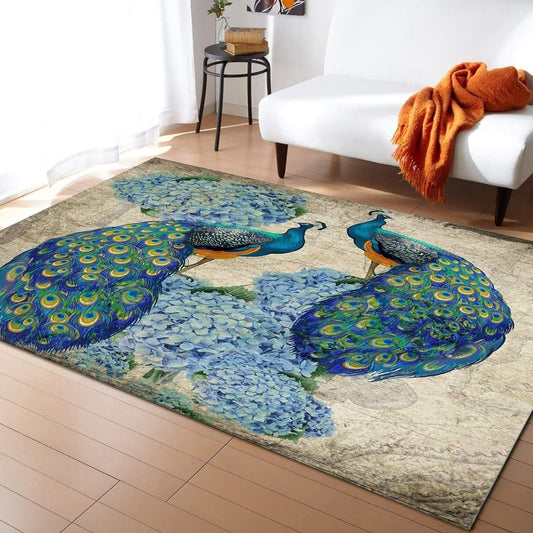 Alfombra clásica de acuarela de hortensias de pavo real, alfombra clásica de