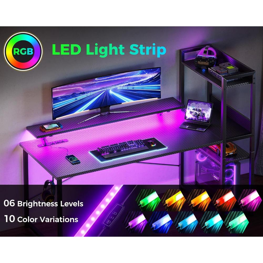 Escritorio Reversible Para Juegos Con Puerto De Carga USB Y Luces LED,ODK,Negro