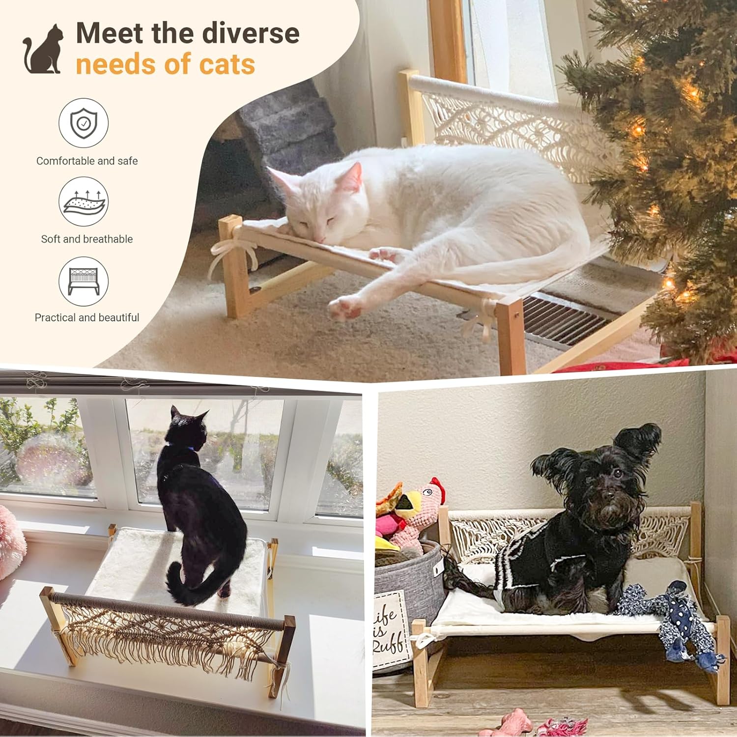 Mkono Hamaca bohemia para gatos con manta, cama elevada de macramé para...