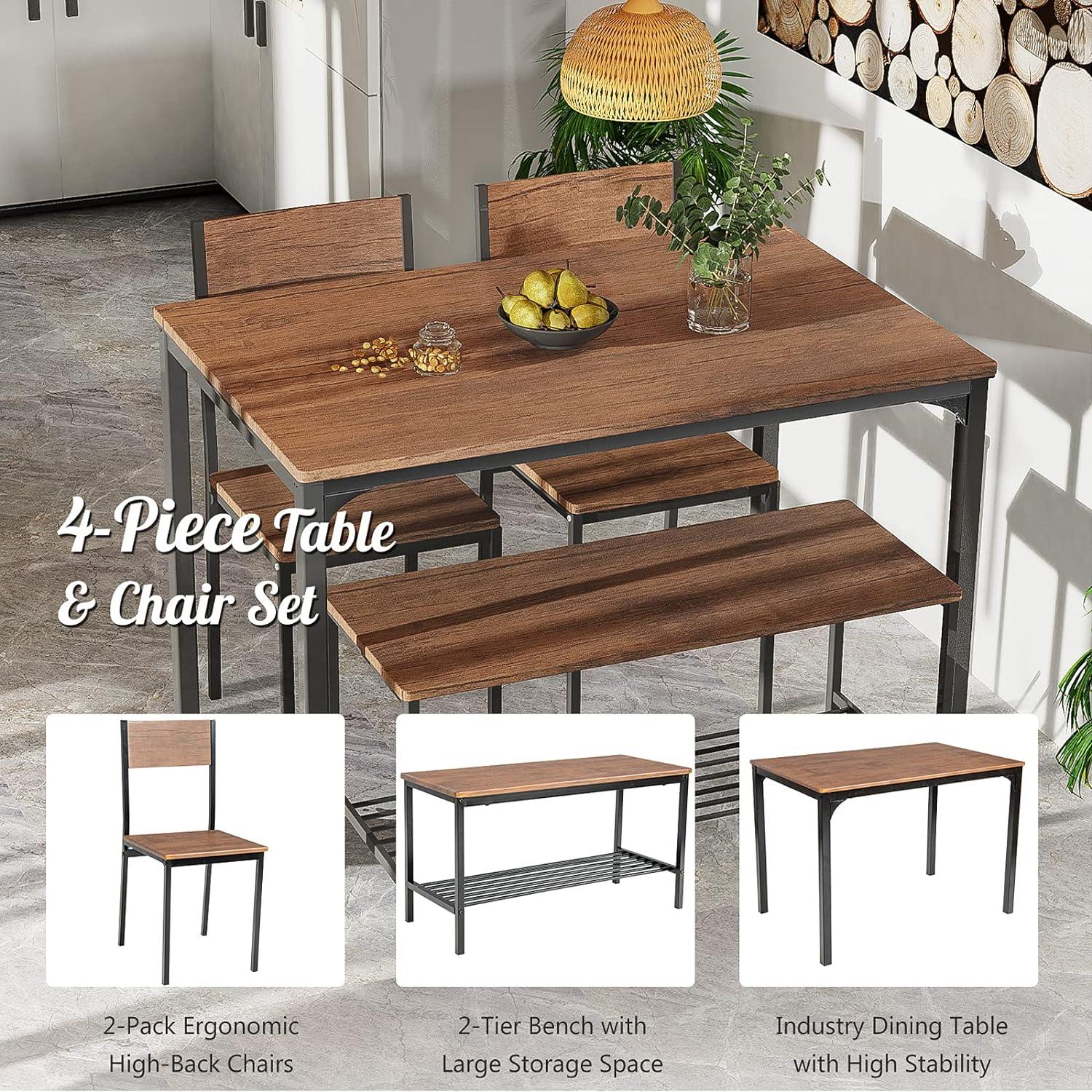 Juego de mesa de comedor para 4, mesa de cocina con banco y sillas, juego de