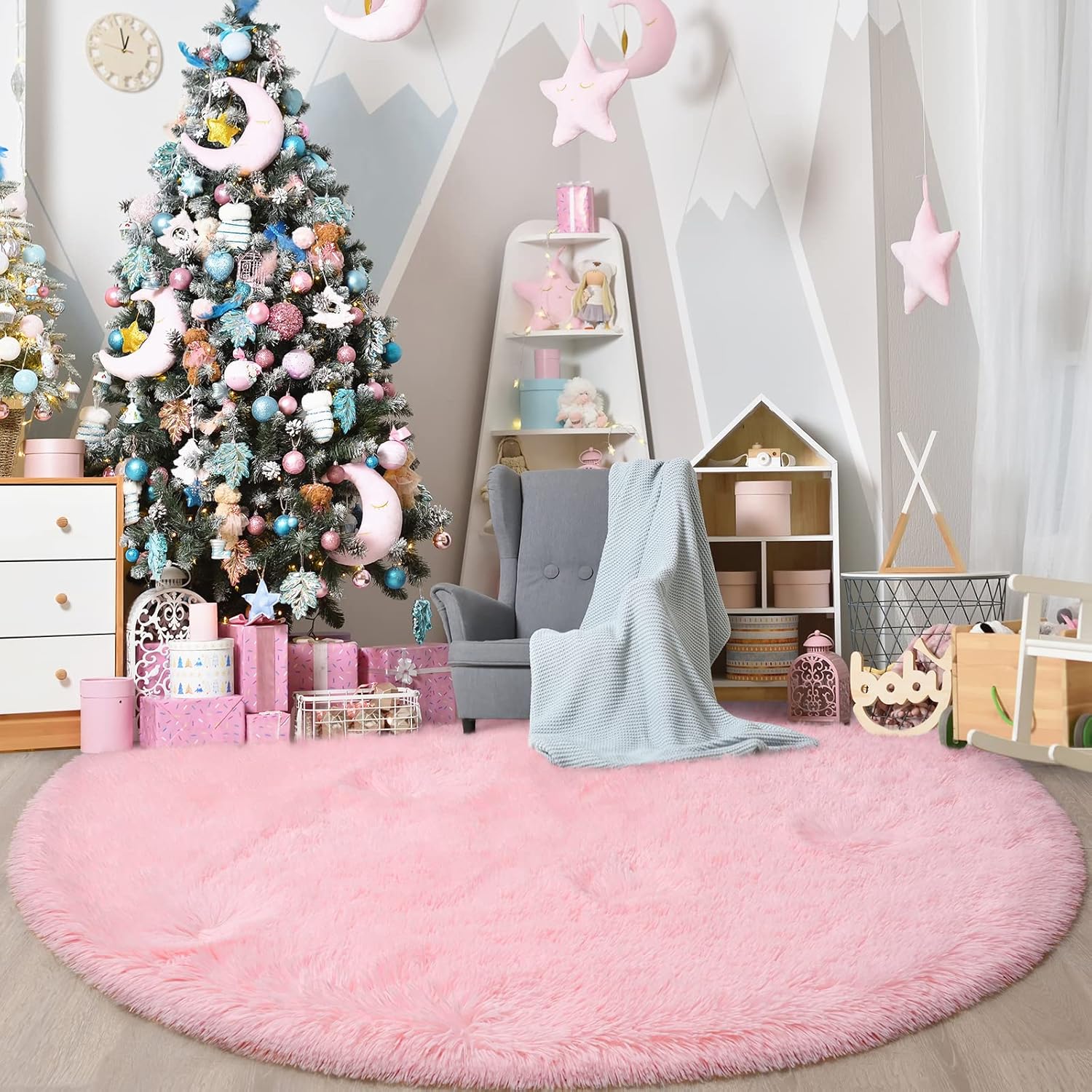 Alfombra redonda rosa para dormitorio de niñas, alfombra circular esponjosa de...