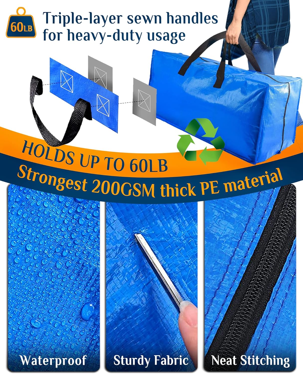 Raydior Heavy Duty Moving bags Storage Totes 4PCS Extra Large Blue Packing Bags