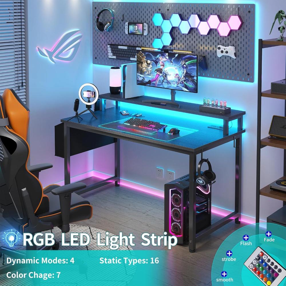 Escritorio Para Juegos Con Luces LED Y Tomas De Corriente, Lufeiya, Negro