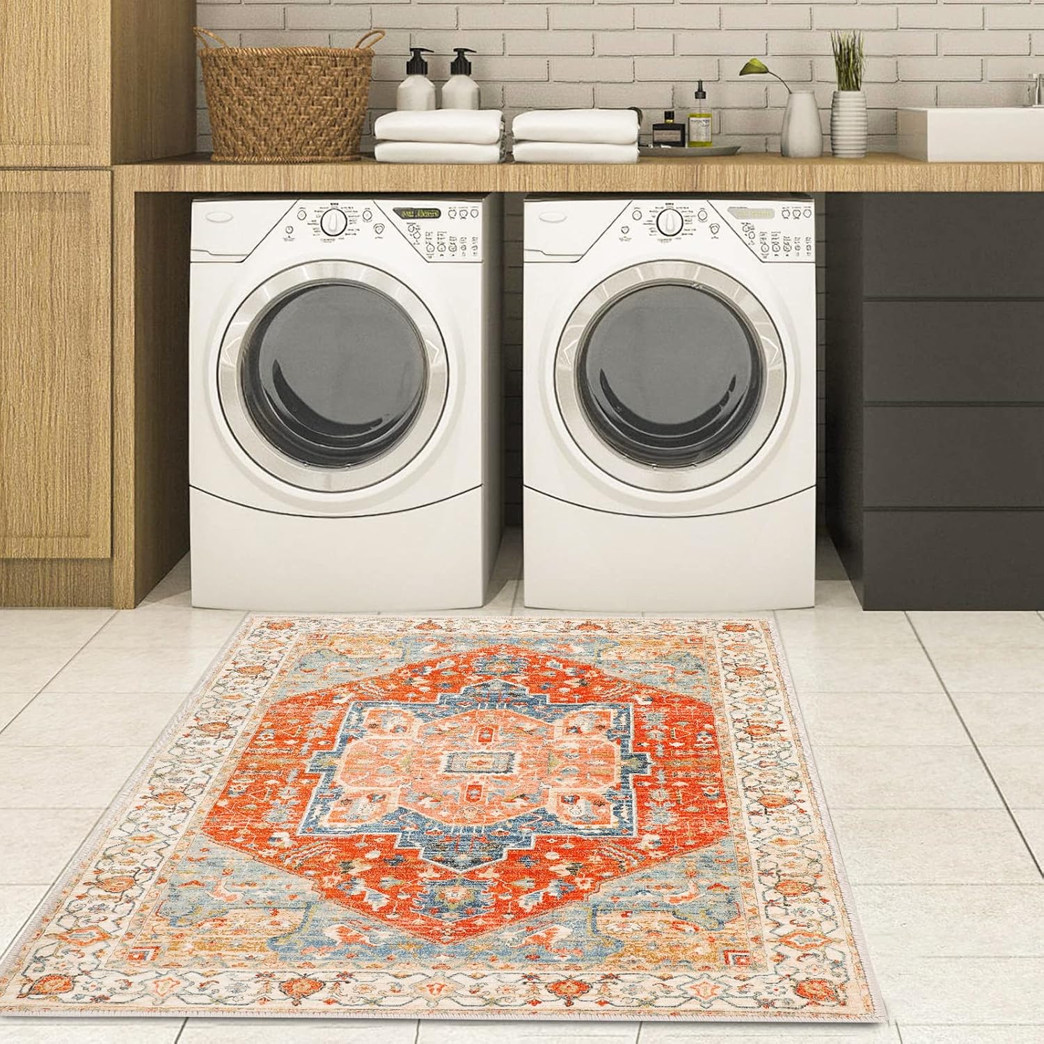 Alfombra bohemia de 3 x 5 pies, lavable, vintage, para interiores, con...