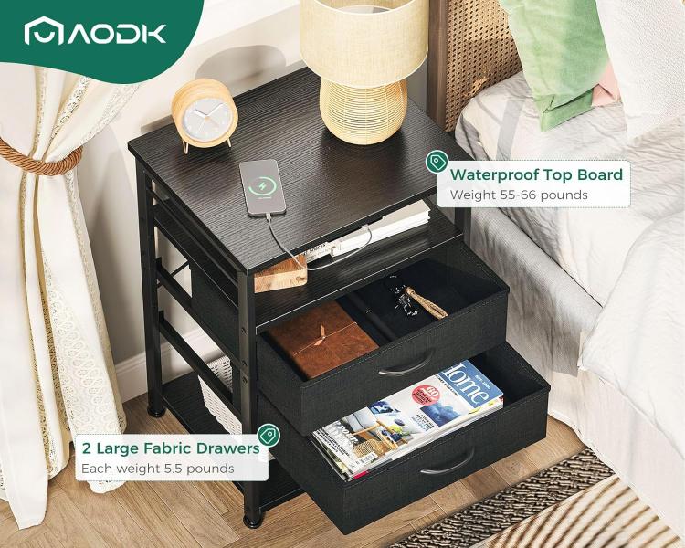 Mesita de noche con estación de carga AODK, con cajones y 4 niveles de almacenamiento