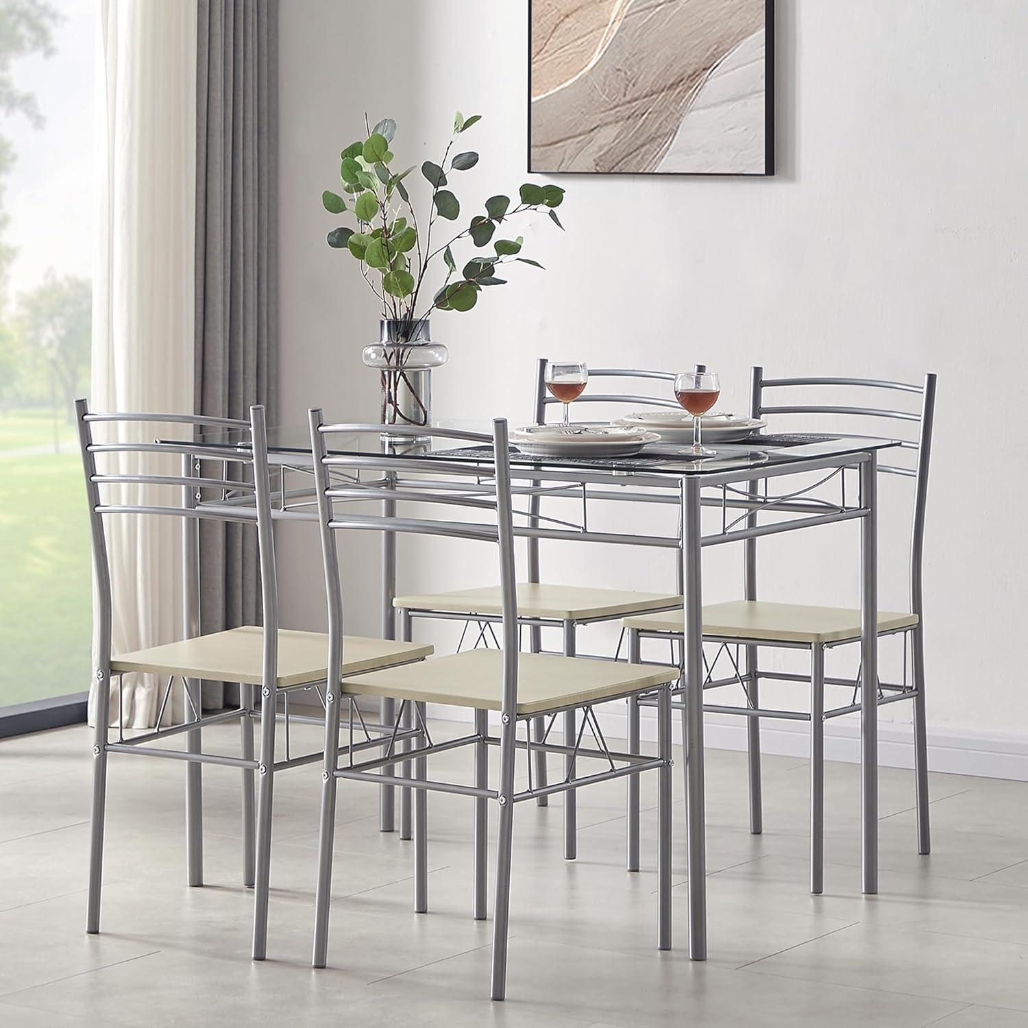 VECELO Mesa y sillas de comedor de cocina, 4, juegos de comedor de 5 piezas,