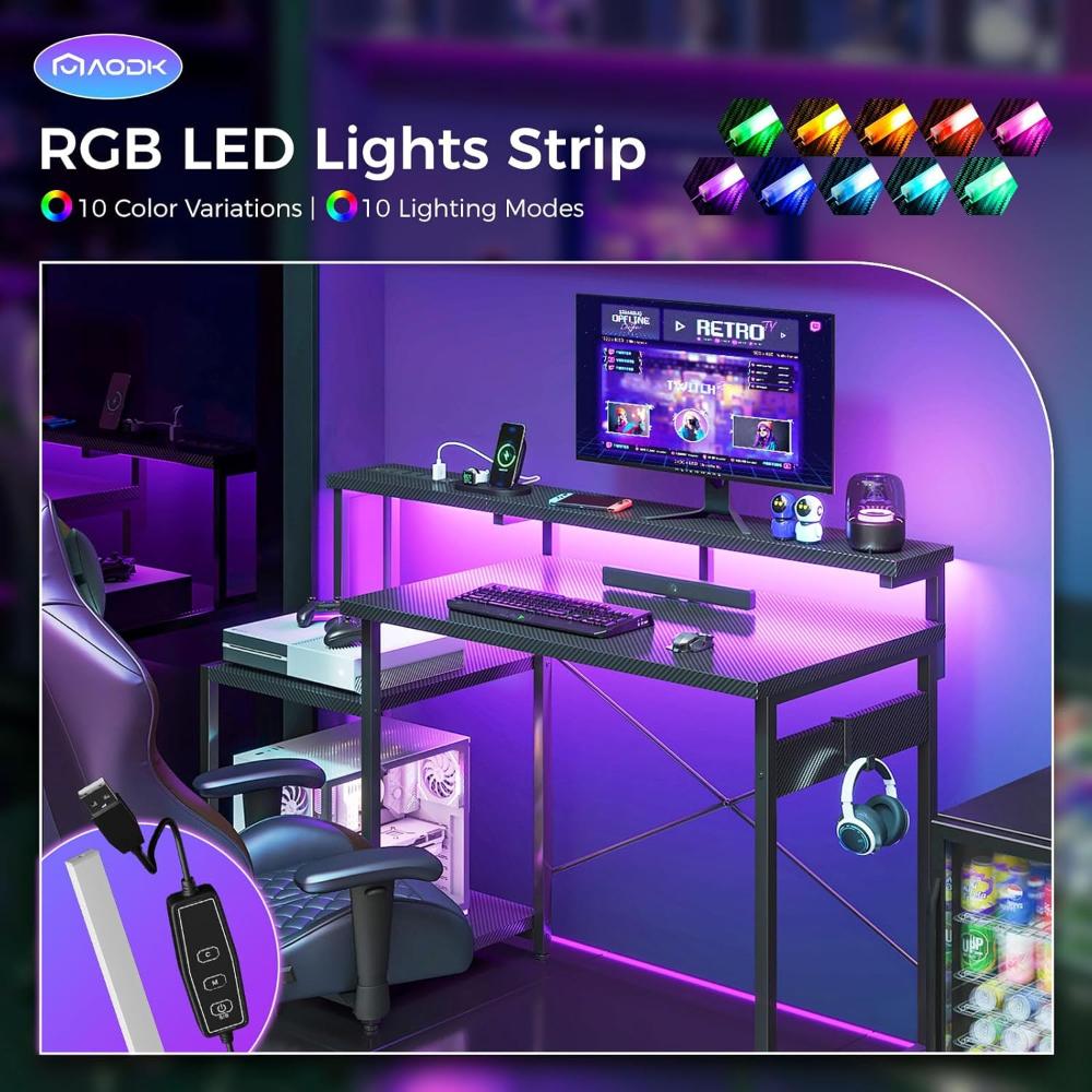 Escritorio Para Computadora, Escritorio Para Juegos De 48 Pulgadas Con Luces LED,AODK,Negro