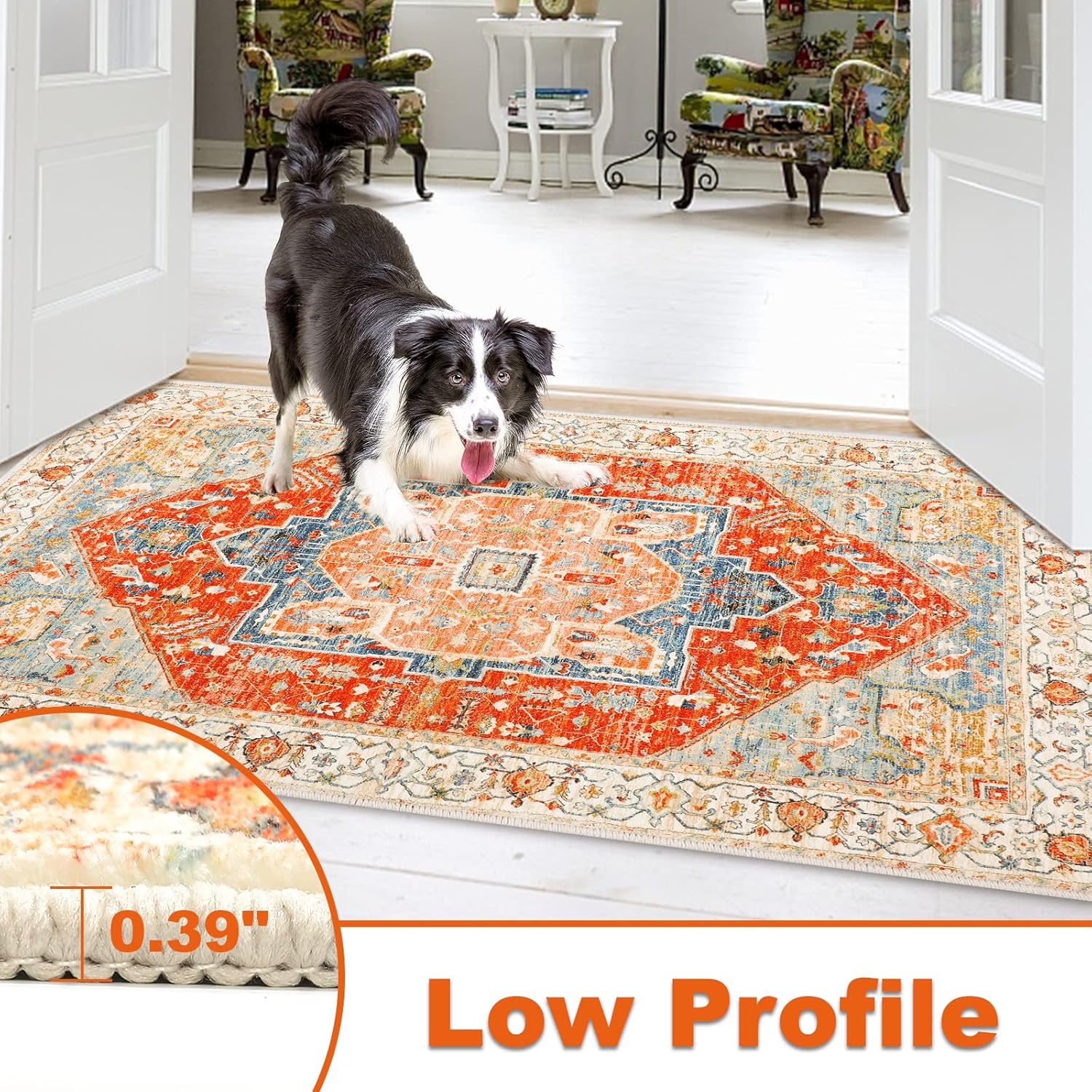 Alfombra bohemia de 3 x 5 pies, lavable, vintage, para interiores, con...