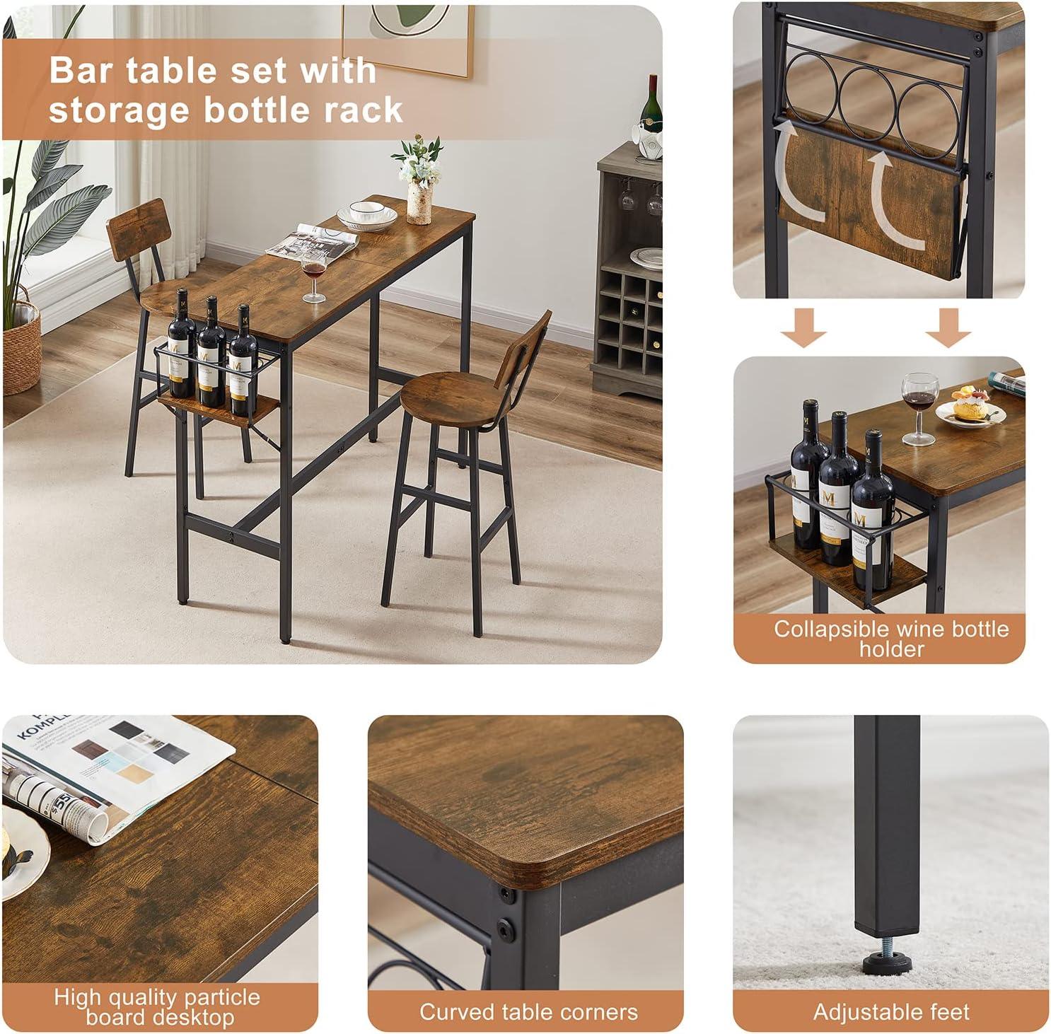 Bar Table and Chairs Set, Industrial Bar Stools Set for 2 with Collapsible Wine