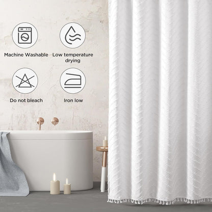 Cortina de ducha bohemia blanca de tela tejida de 72 x 78 pulgadas, moderna