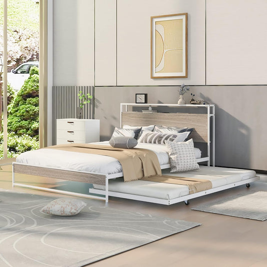 Harper & Bright Designs Cama de plataforma Queen con nido y puertos USB, marco...