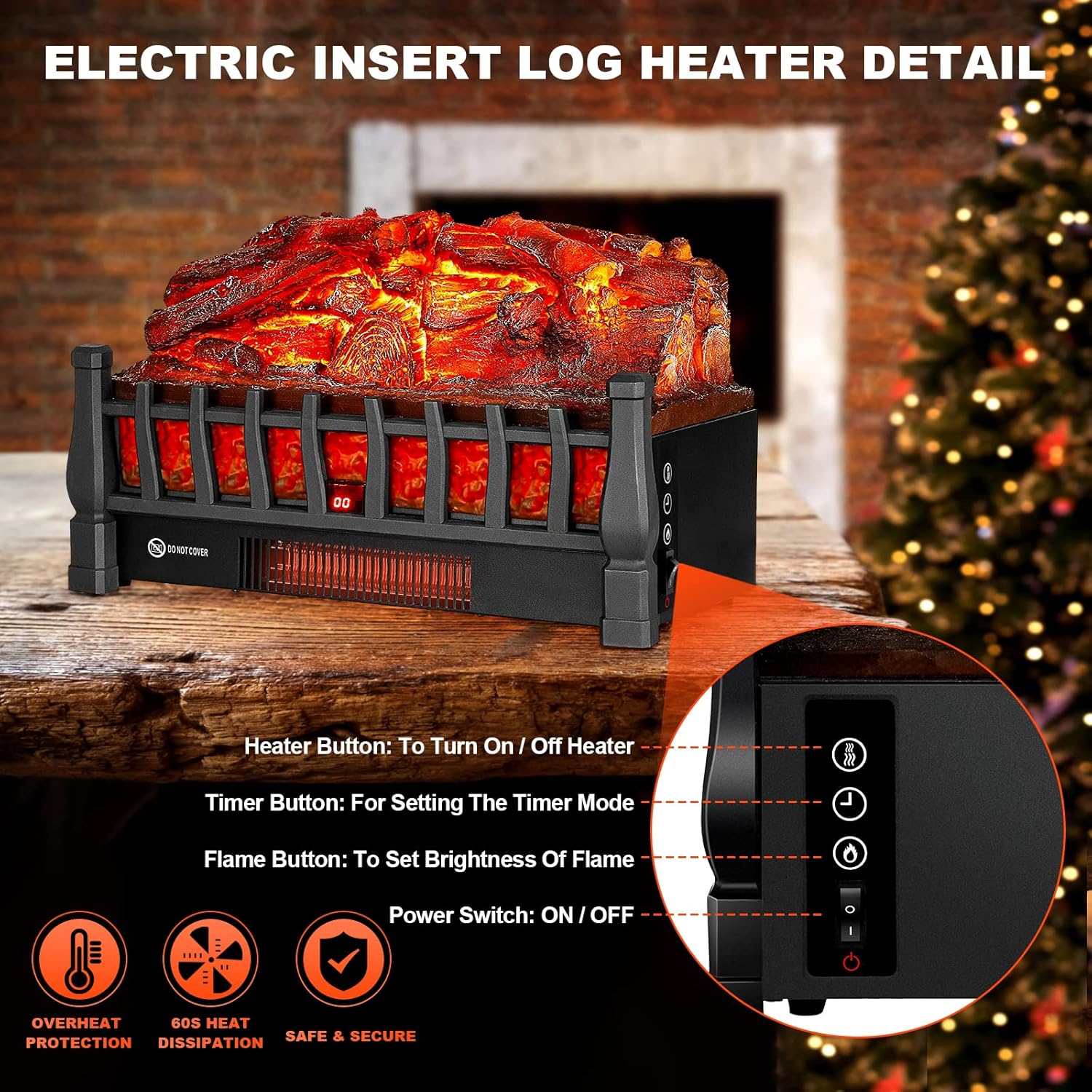 Calentador eléctrico para chimenea con control remoto infrarrojo, brillo de 5...