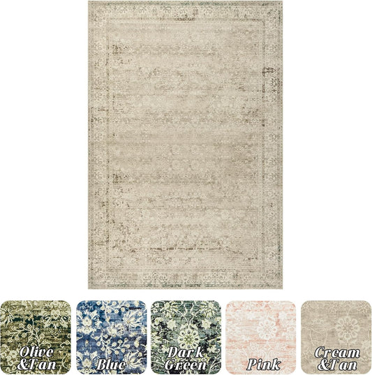 Alfombra rústica de 5 x 7 pies, lavable, floral, tono tierra, neutra, bohemia,