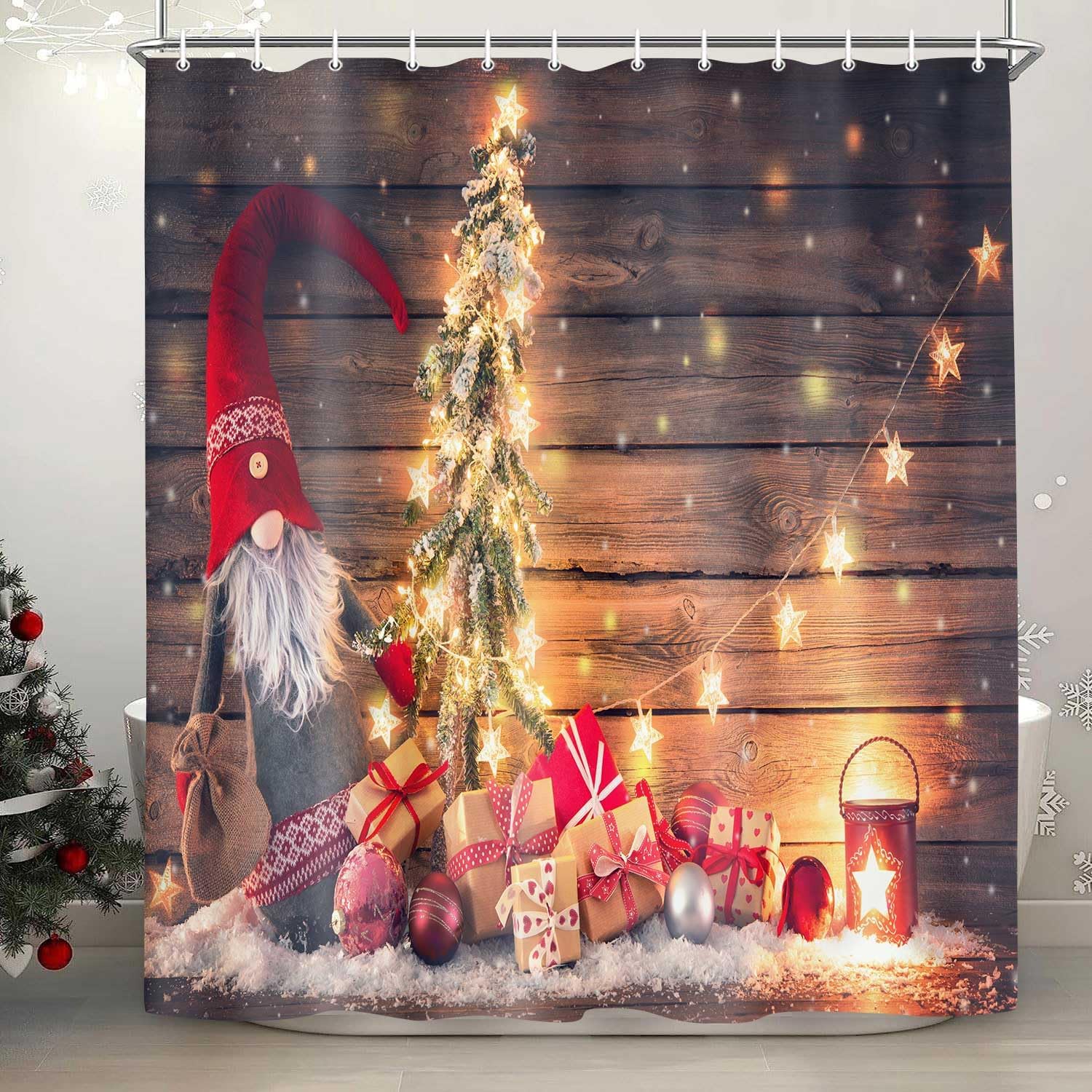 Cortinas de ducha de Navidad, enano de Papá Noel sostiene un abeto con luces de...