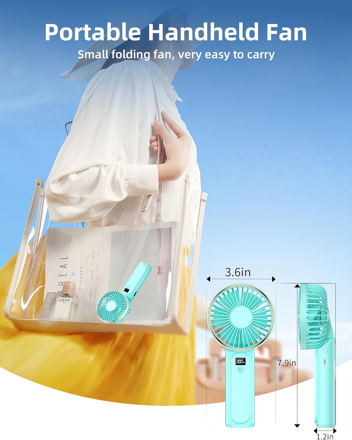 Ventilador de mano portátil recargable, 4000 mAh, ajustable en 180, 6...