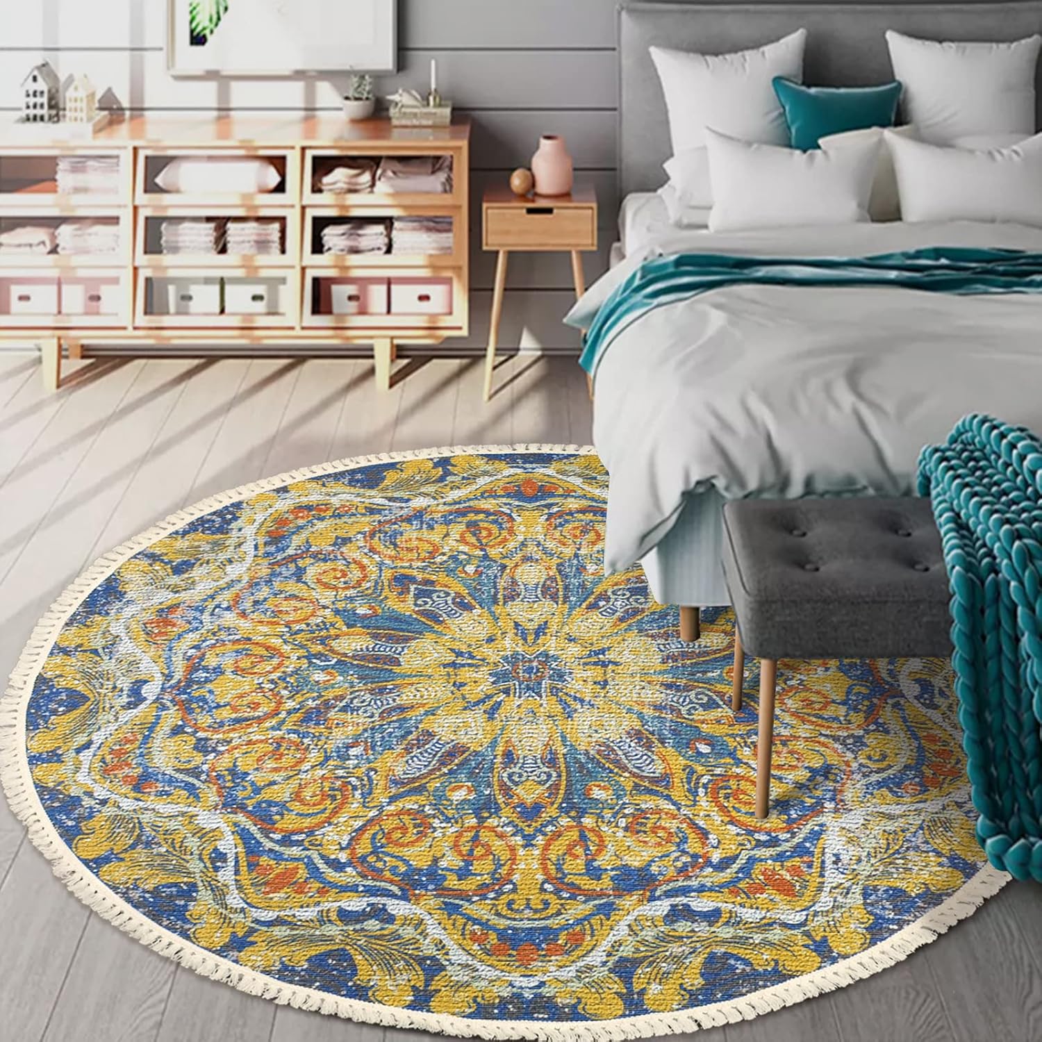 Alfombra bohemia redonda de 5 pies antideslizante para dormitorio, alfombra de