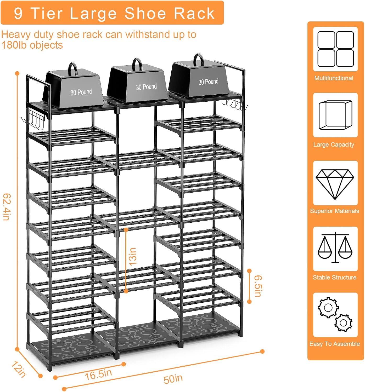 Kottwca Organizador de zapatos de metal de 9 niveles para 50-55 pares, estante...