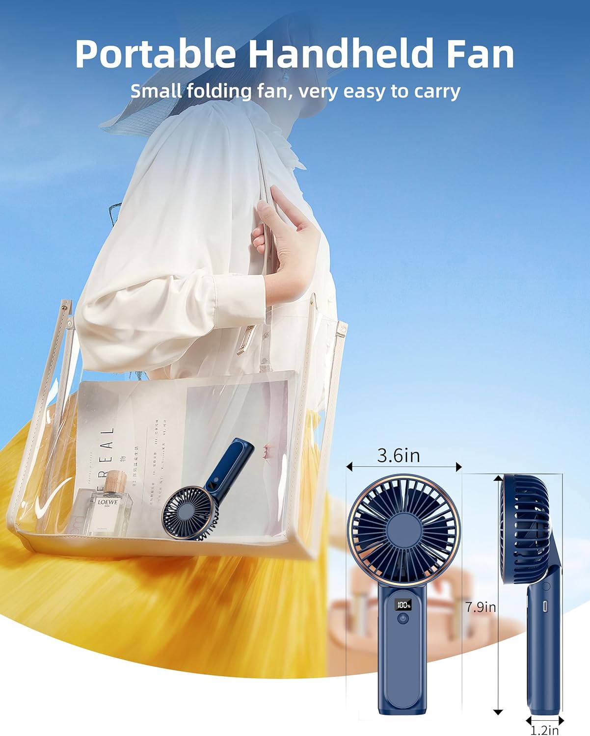 Ventilador de mano portátil recargable, 4000 mAh, ajustable en 180, 6...