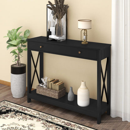 Mesa consola de diseño Oxford con cajón y estantes de almacenamiento, mesa de