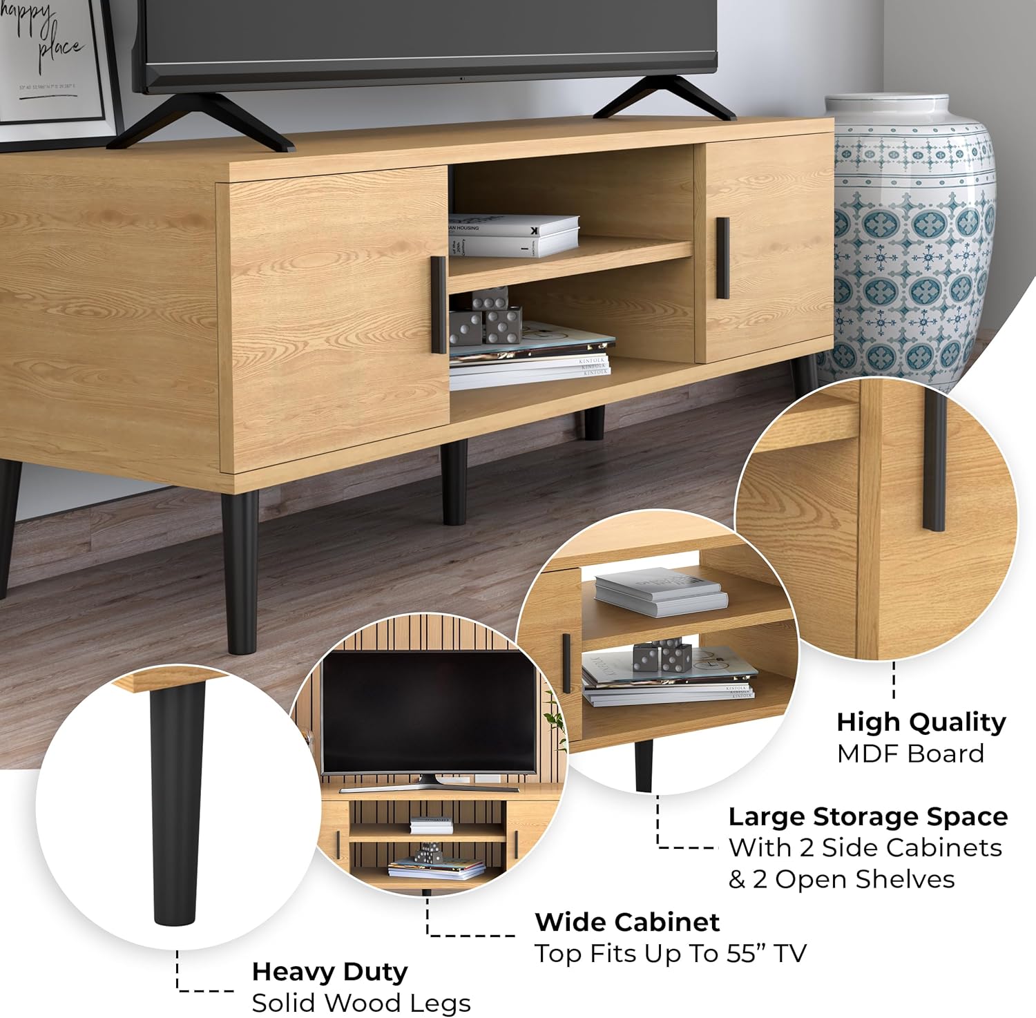 Soporte de TV moderno Mid-Century de 45 pulgadas con 2 puertas laterales...